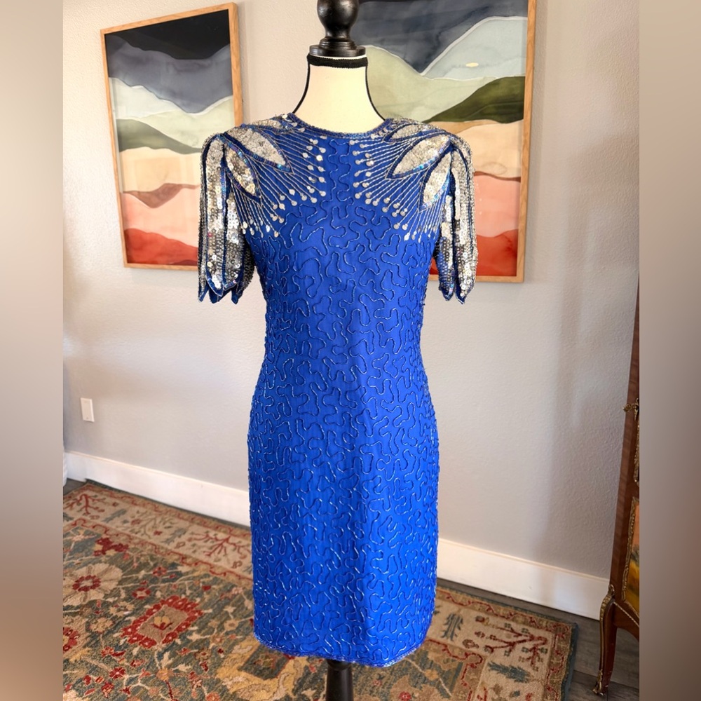 Laurence Kazar Royal Blue Sequin Midi Dress
